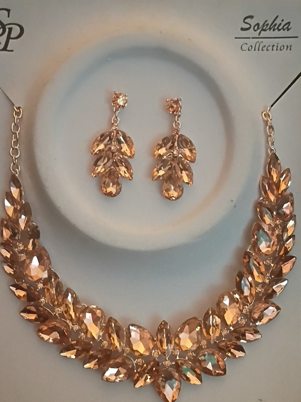 Sophia Collection Rose Gold Crystal Leaf Necklace and Earrings